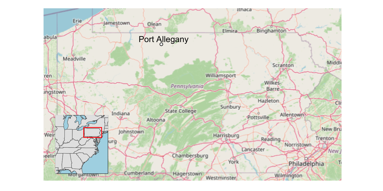 A map of Pennsylvania with Port Allegany labelled in north central Pennsylvania